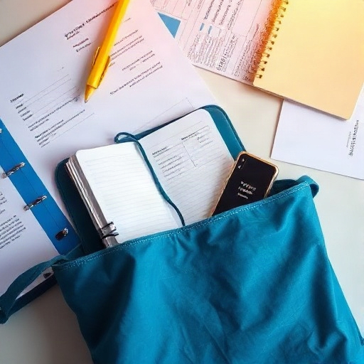 Notebook com planilha de prospecção, celular com mensagem profissional e documentos organizados sobre a mesa
